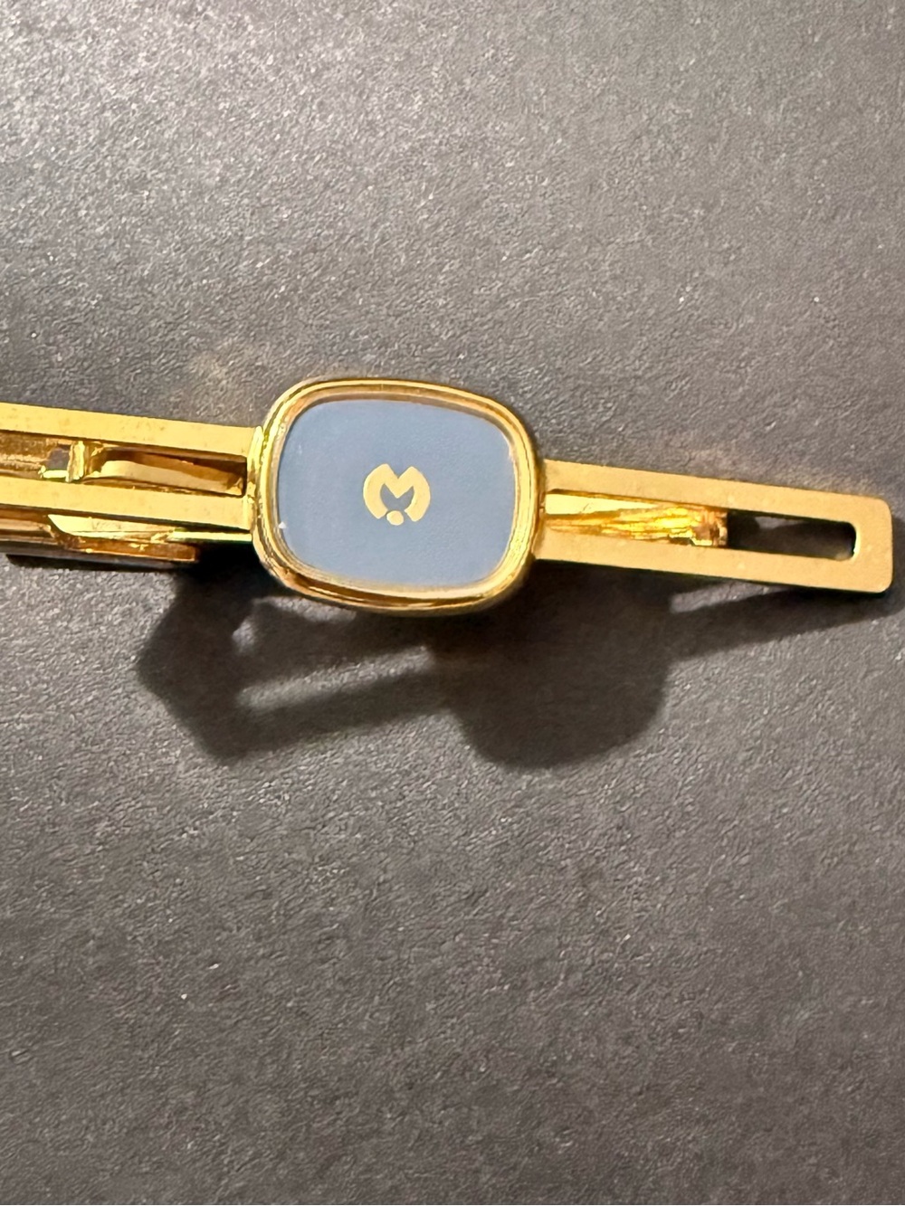 Gold Tie Bar with Light Blue Enamel and Emblem